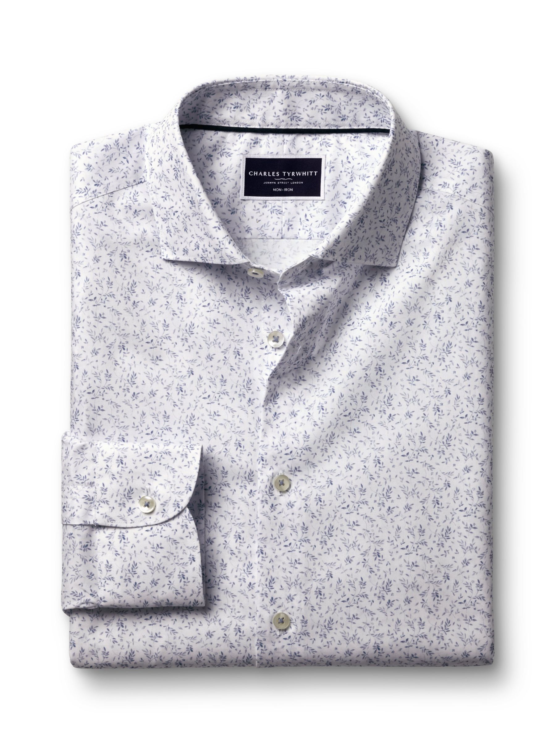 Charles Tyrwhitt Leaf Print Non-Iron Slim Fit Shirt, White/Blue, L