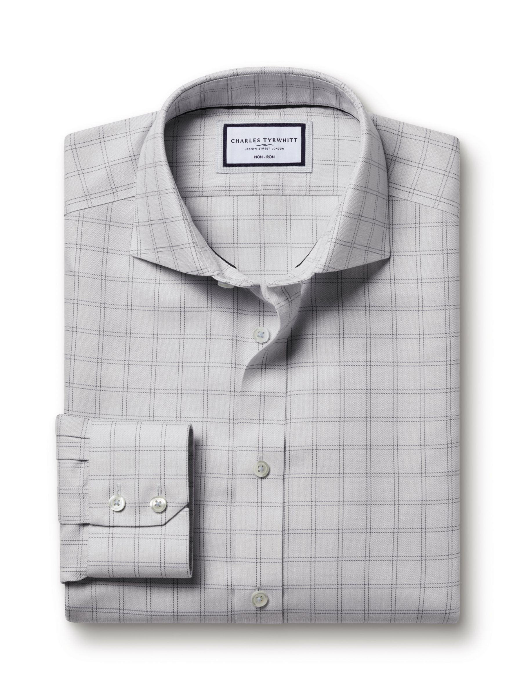 Charles Tyrwhitt Non-Iron Mayfair Weave Checked Shirt, Silver Grey, 17.5