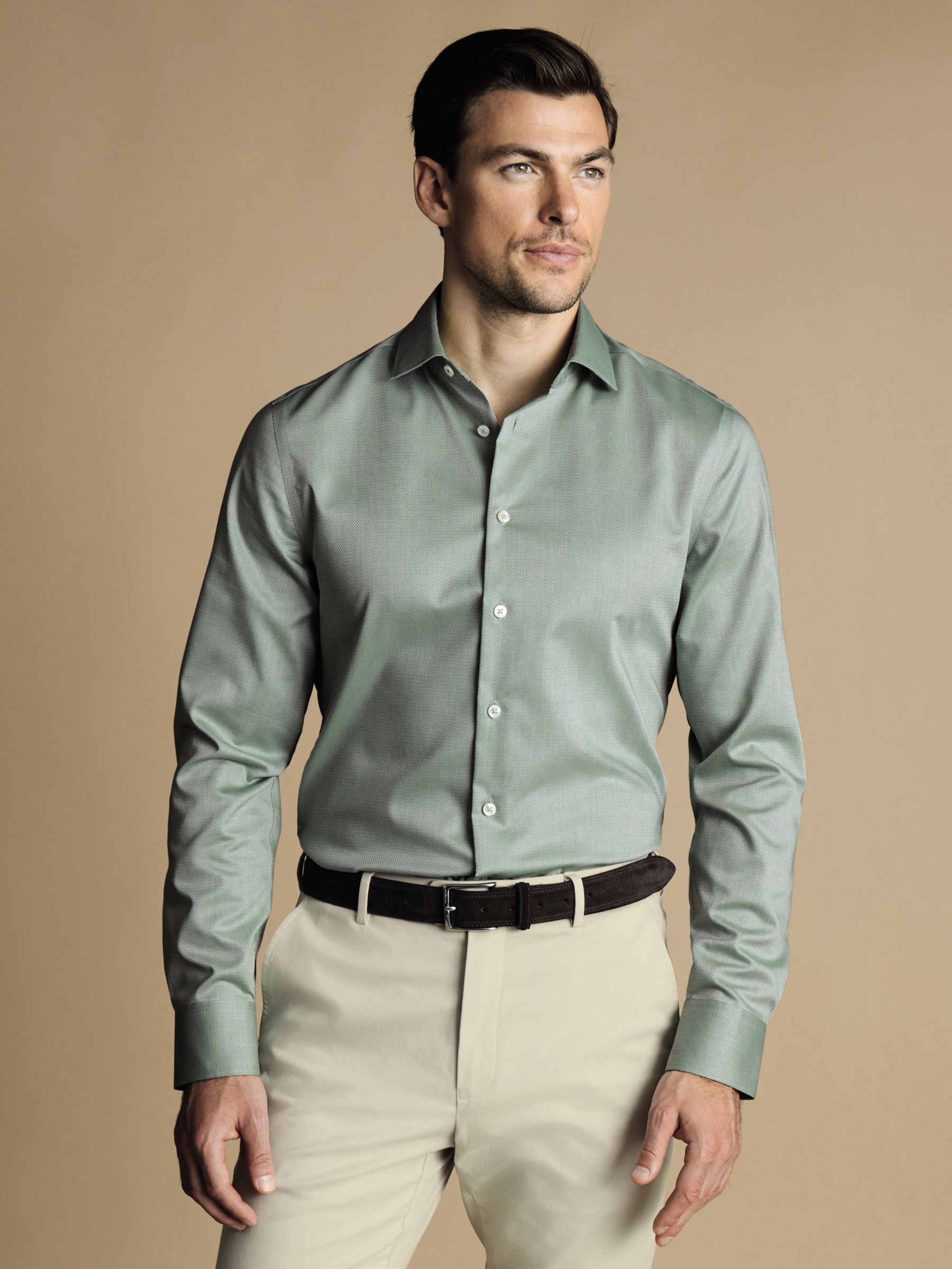 Charles Tyrwhitt Non-Iron Stretch Semi Plain Textured Shirt, Light Green, 15 33