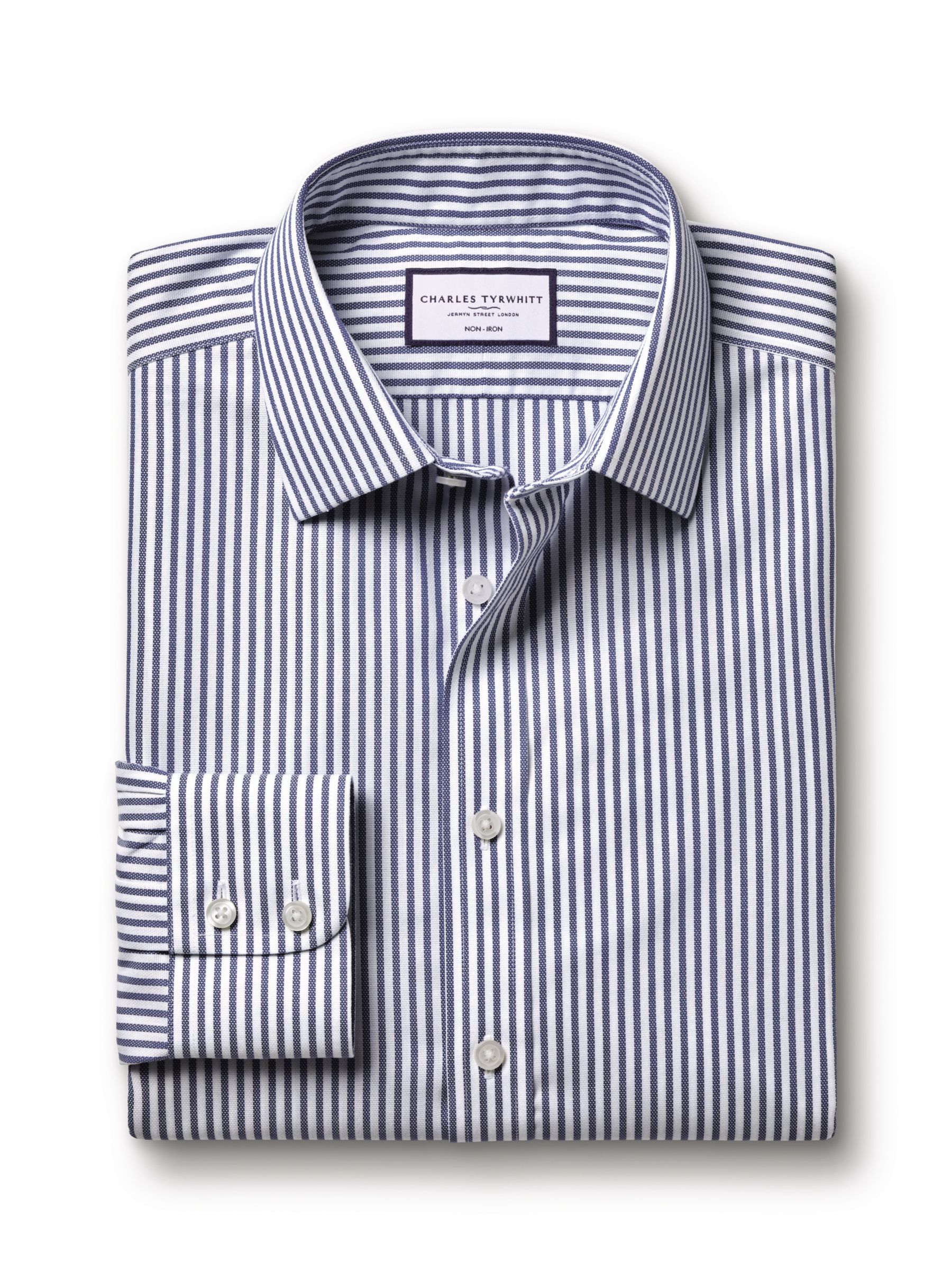 Charles Tyrwhitt Non-Iron Stripe Royal Oxford Shirt, Royal Blue/White, 15.5