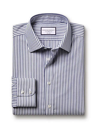 Charles Tyrwhitt Non-Iron Stripe Royal Oxford Shirt, Royal Blue/White