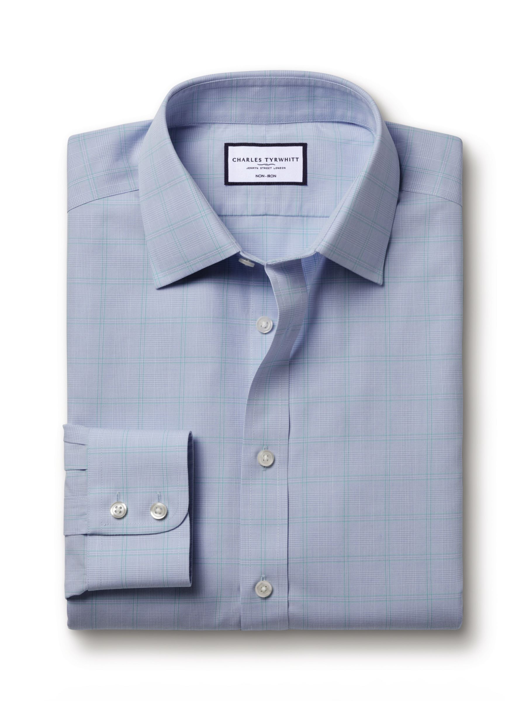Charles Tyrwhitt Key Check Non-Iron Poplin Shirt, Light Blue, 17.5 36