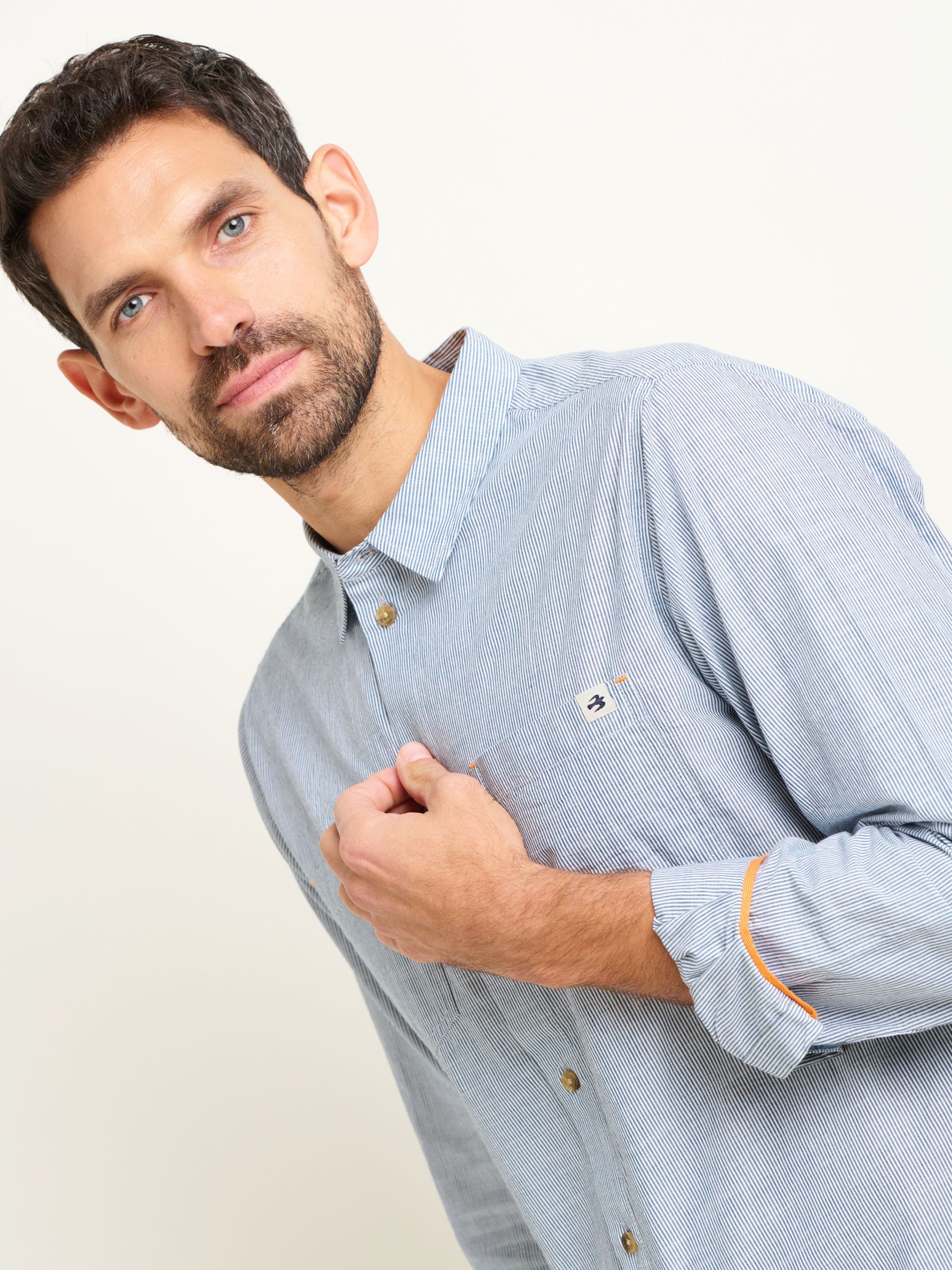 Brakeburn Cotton Stripe Long Sleeve Shirt, Blue, M