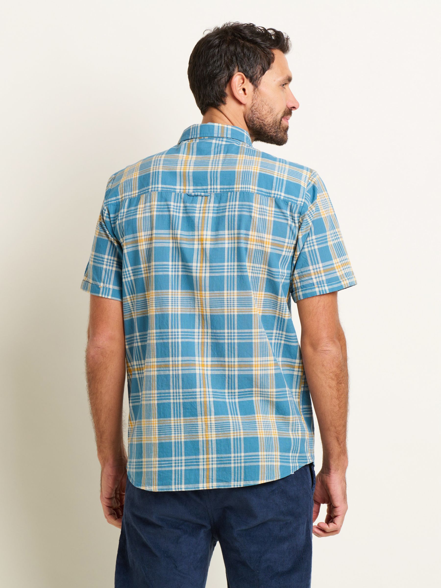 Brakeburn Check Cotton Short Sleeve Shirt, Blue/Yellow, L