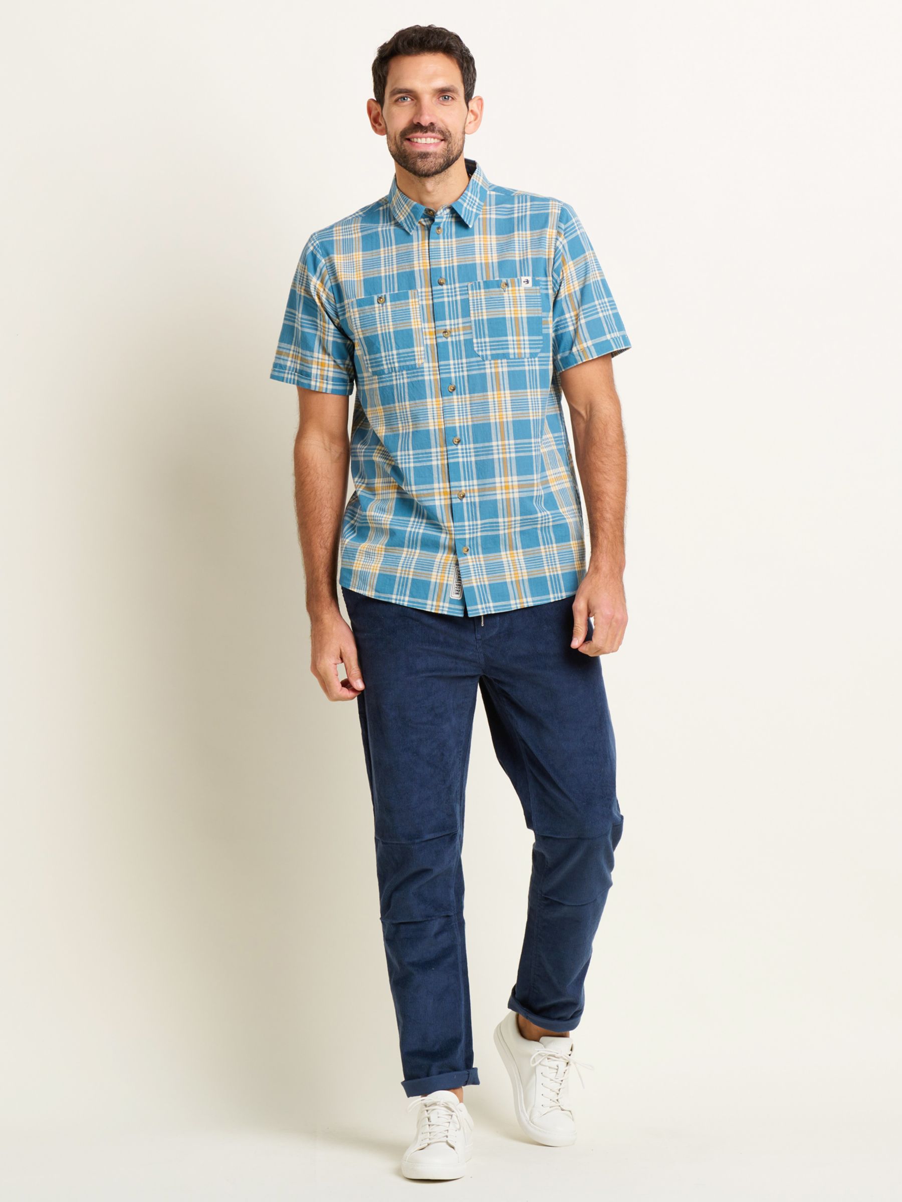 Brakeburn Check Cotton Short Sleeve Shirt, Blue/Yellow, L