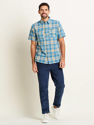 Brakeburn Check Cotton Short Sleeve Shirt, Blue/Yellow