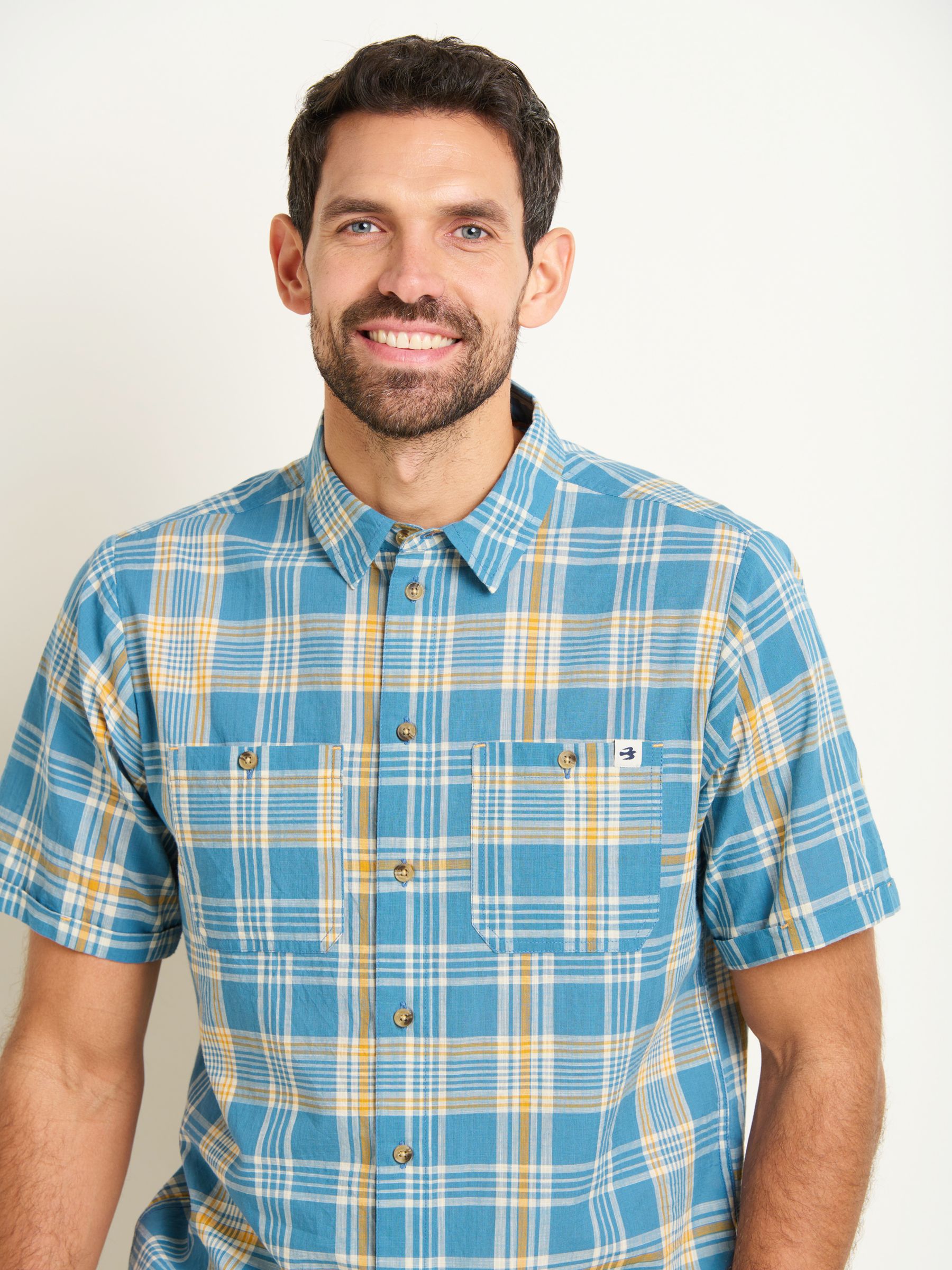 Buy Brakeburn Check Cotton Short Sleeve Shirt, Blue/Yellow Online at johnlewis.com