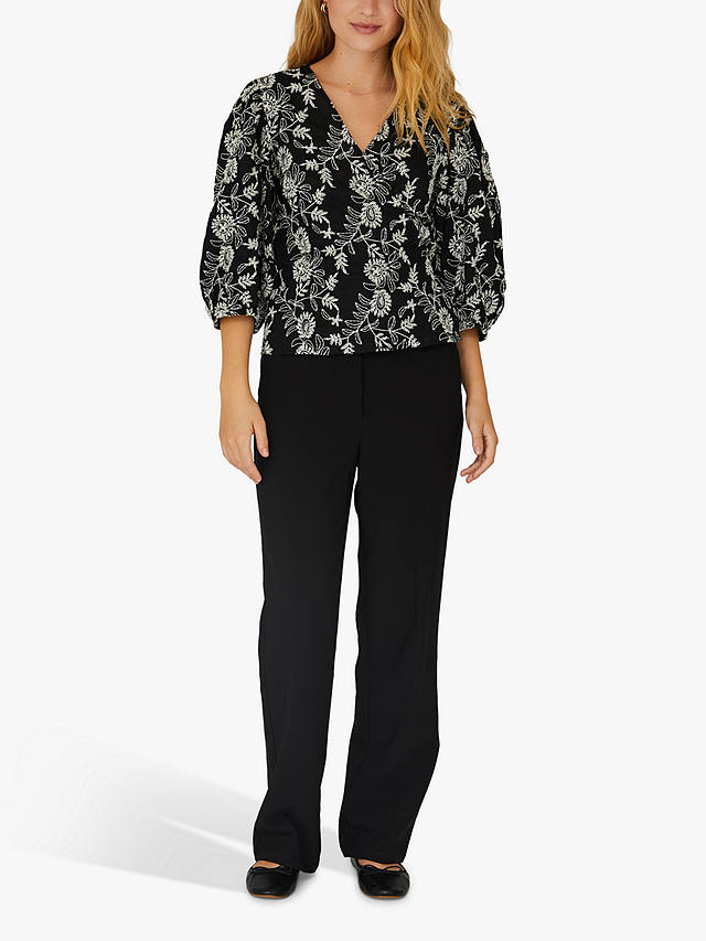 A-VIEW Embroidered Cotton Blouse, Black/Off White