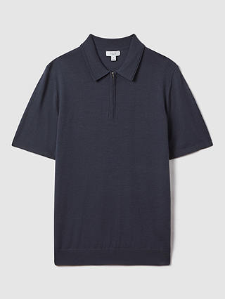 Reiss Maxwell Merino Zip Neck Polo Shirt, Blue Smoke