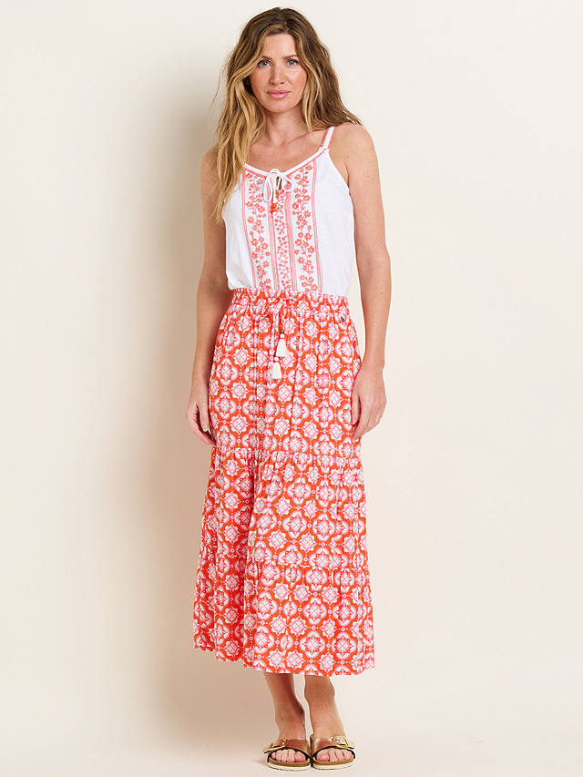 Brakeburn Moroccan Tile Tiered Maxi Skirt, Coral