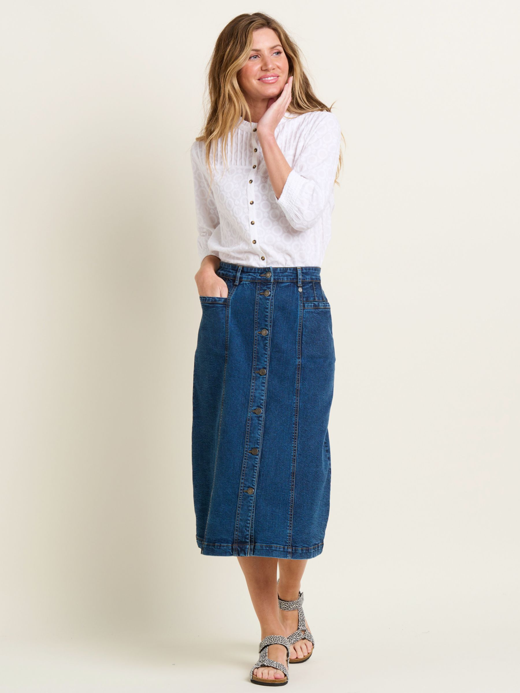 Buy Brakeburn Button Front Denim Midi Skirt, Blue Online at johnlewis.com