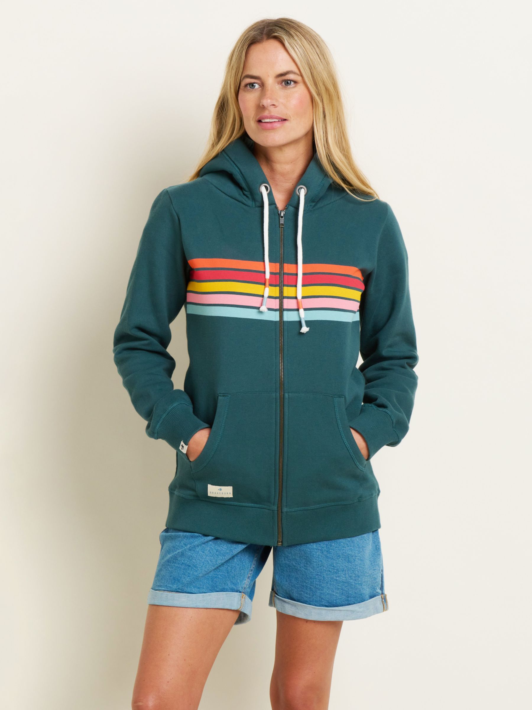 Brakeburn Retro Stripe Zip Through Hoodie, Teal