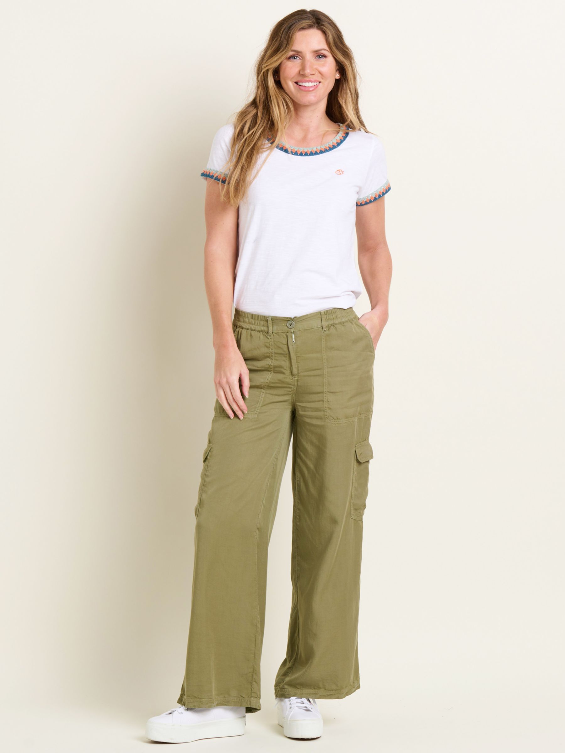 Brakeburn Wide Leg Cargo Trousers, Khaki, 8