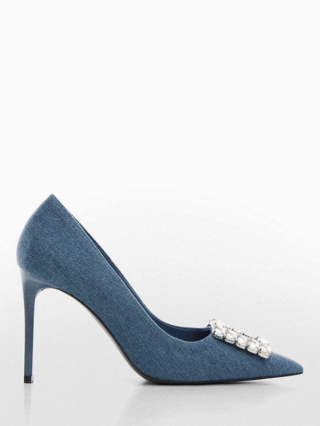 Mango Lour Embellished High Heel Denim Court Shoes, Open Blue