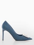 Mango Lour Embellished High Heel Denim Court Shoes, Open Blue