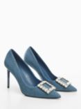 Mango Lour Embellished High Heel Denim Court Shoes, Open Blue