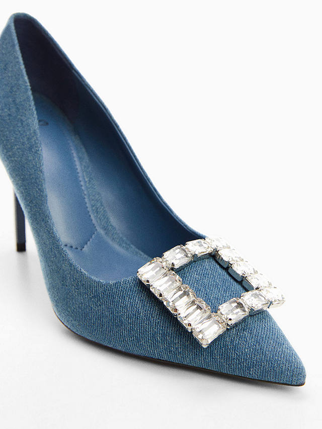 Mango Lour Embellished High Heel Denim Court Shoes, Open Blue