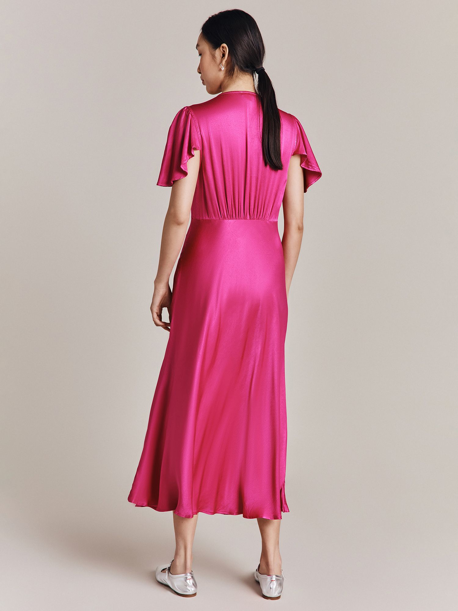Ghost Grace Satin Swing Midi Dress, Bright Pink at John Lewis & Partners