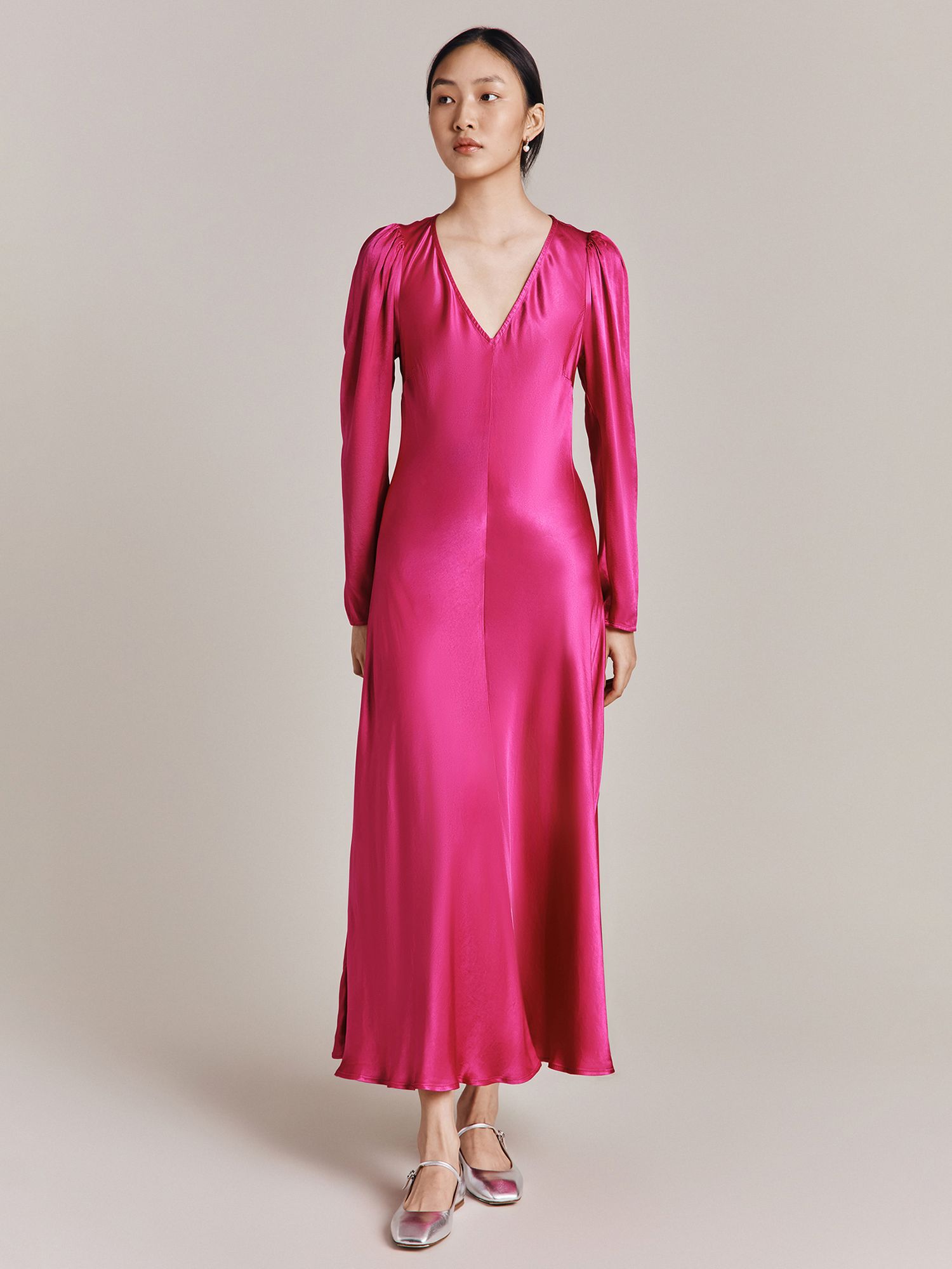 Ghost Etta Midi Satin Dress, Bright Pink, XS