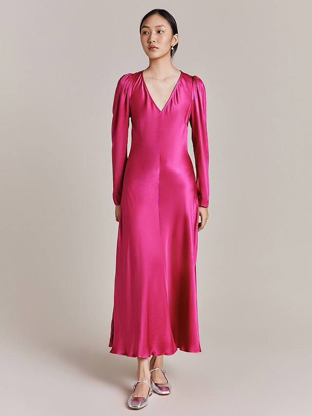Ghost Etta Midi Satin Dress, Bright Pink