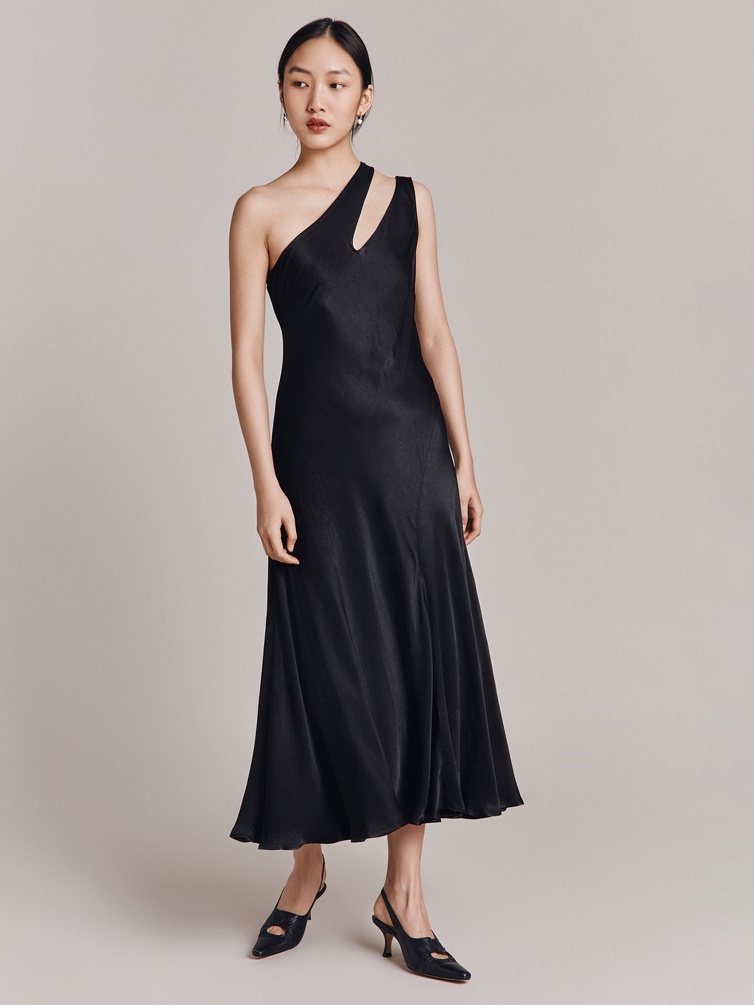 Ghost Rose Cut-Out Detail Satin Midi Dress, Black at John Lewis & Partners