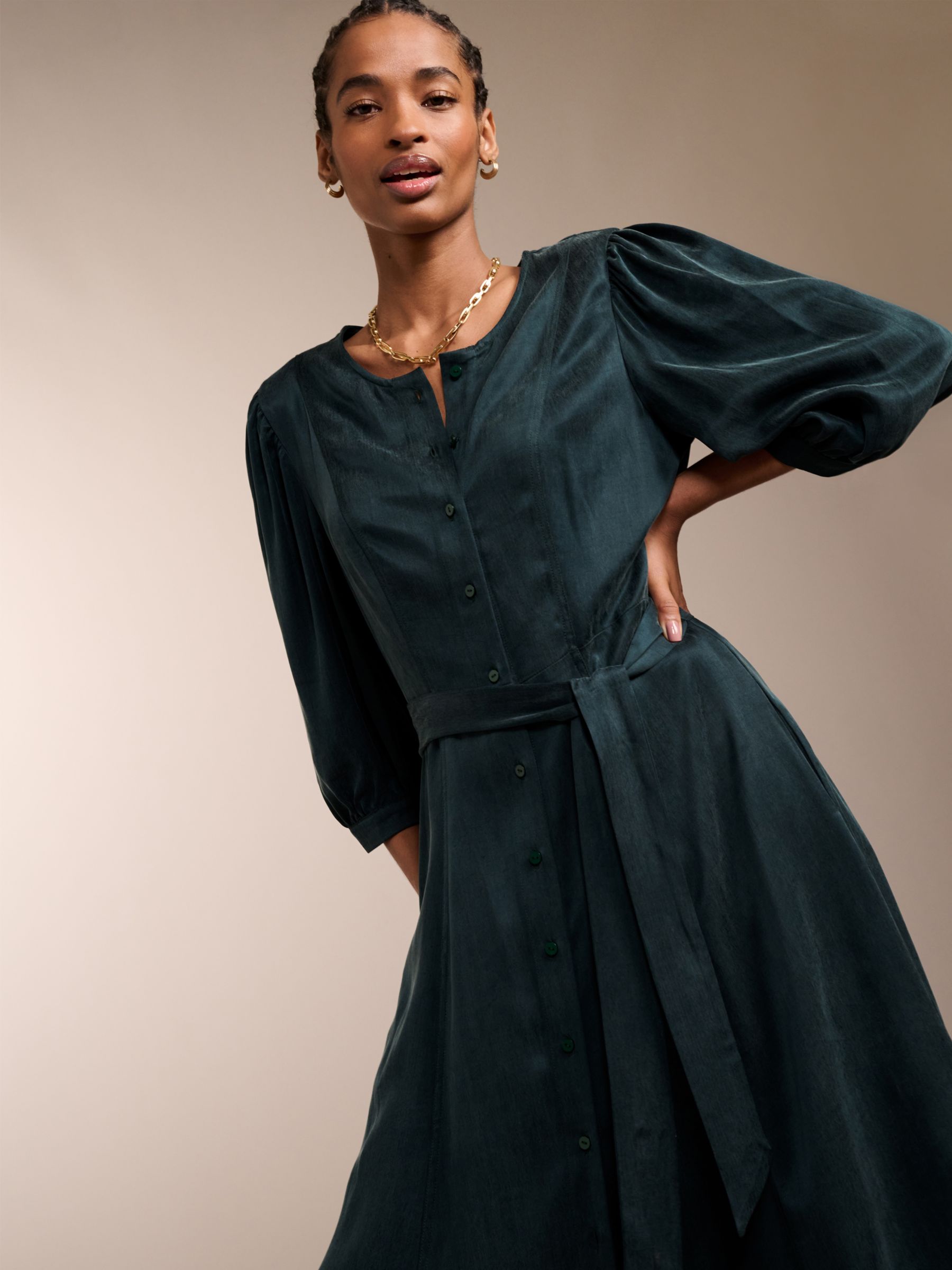 Baukjen Malin Cupro Blend Midi Dress, Dark Green at John Lewis & Partners