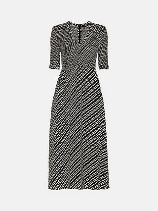 Whistles Diagonal Ripple Shirred Midi Dress, Black/Multi