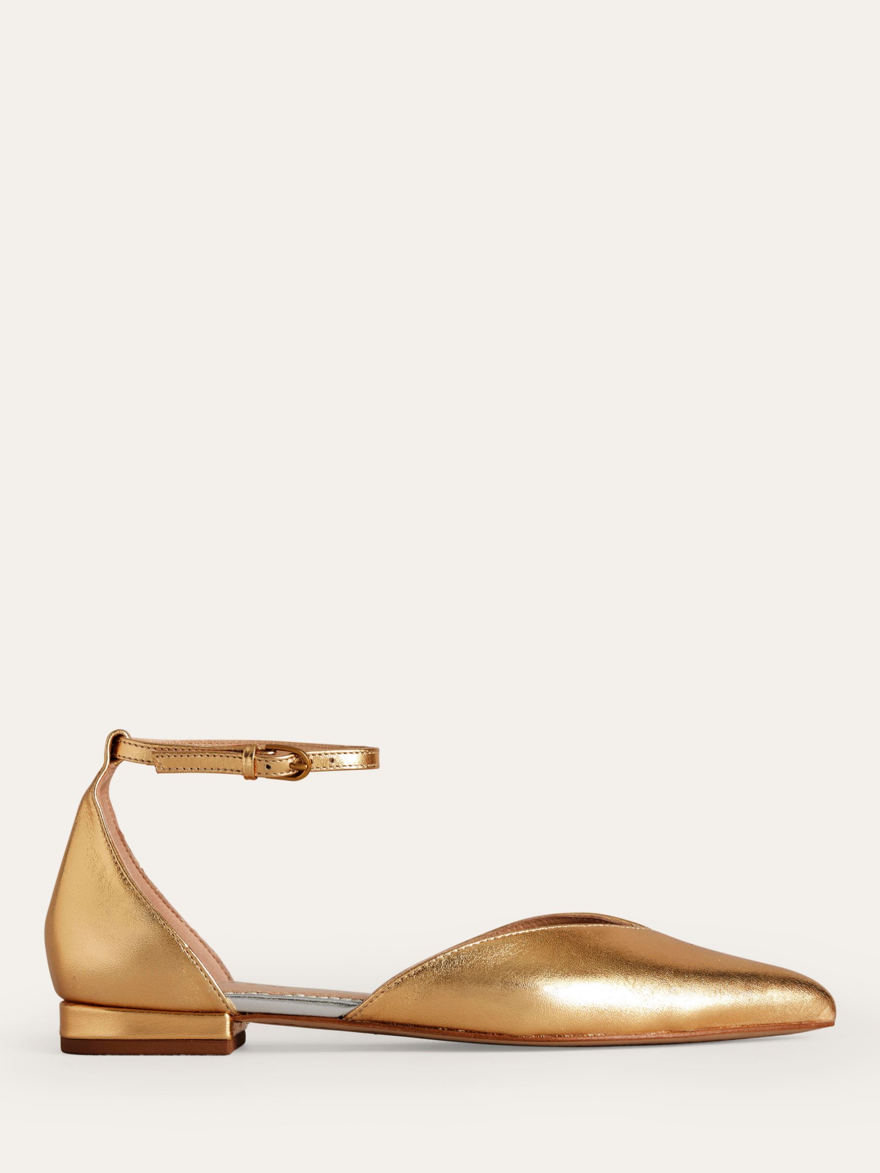 Boden Metallic Leather Ankle Strap Pointed Flats, Gold, 4