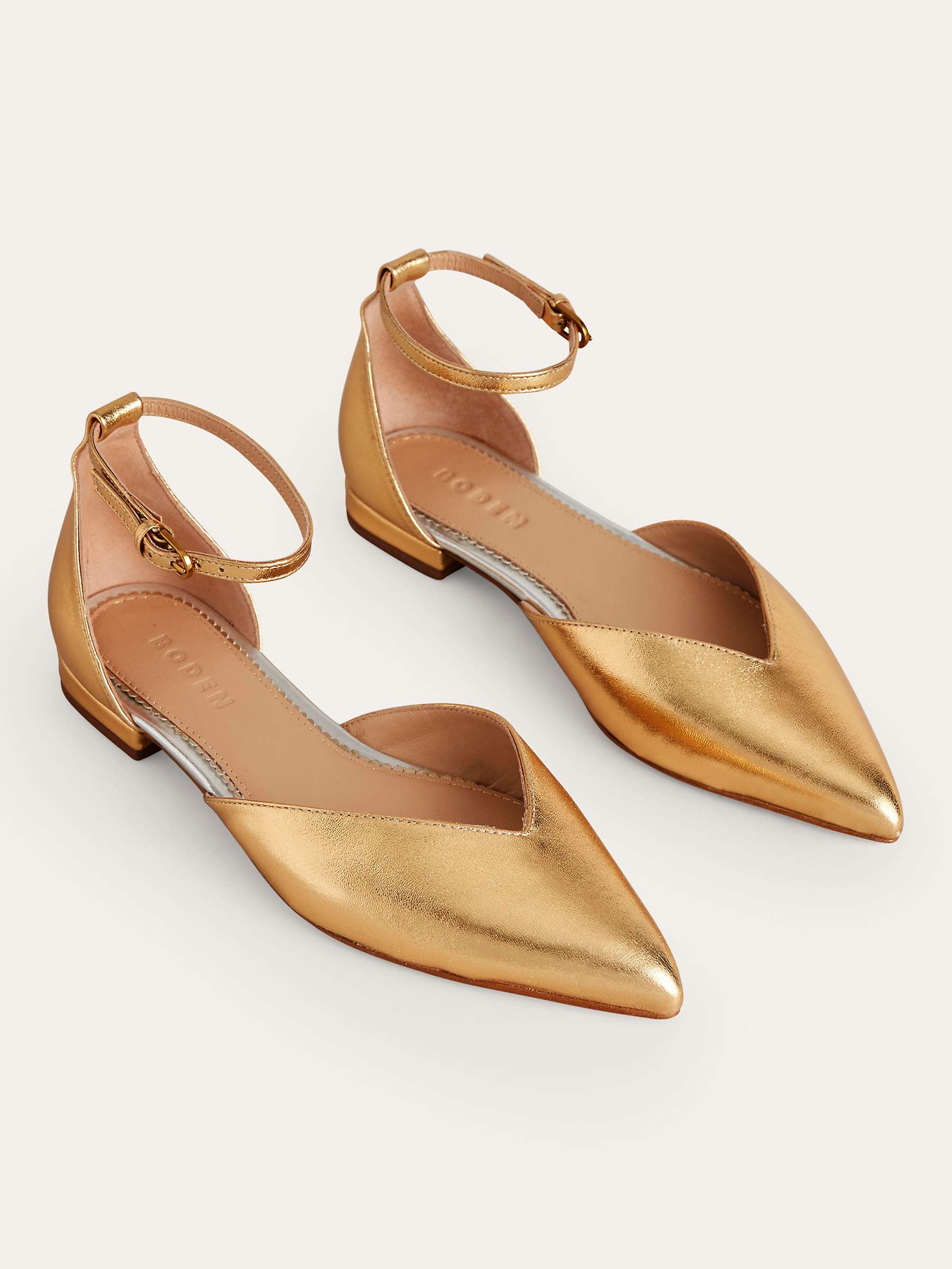 Buy Boden Metallic Leather Ankle Strap Pointed Flats, Gold Online at johnlewis.com
