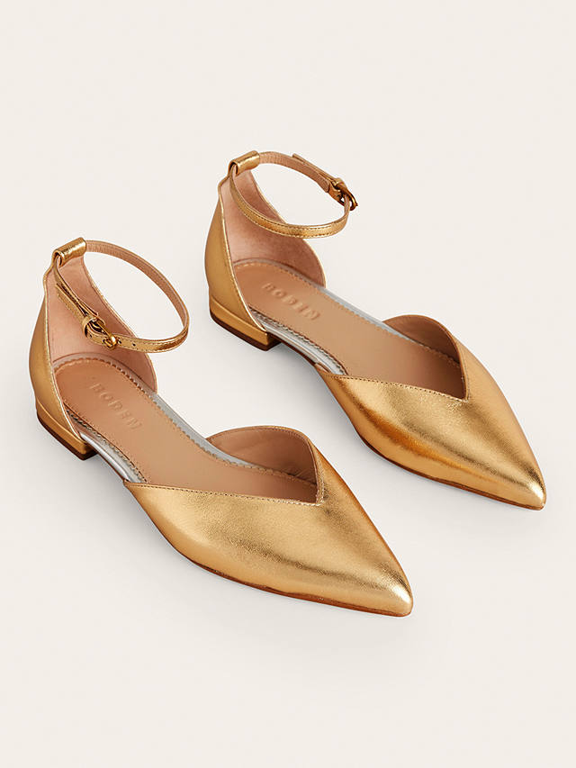 Boden Metallic Leather Ankle Strap Pointed Flats, Gold