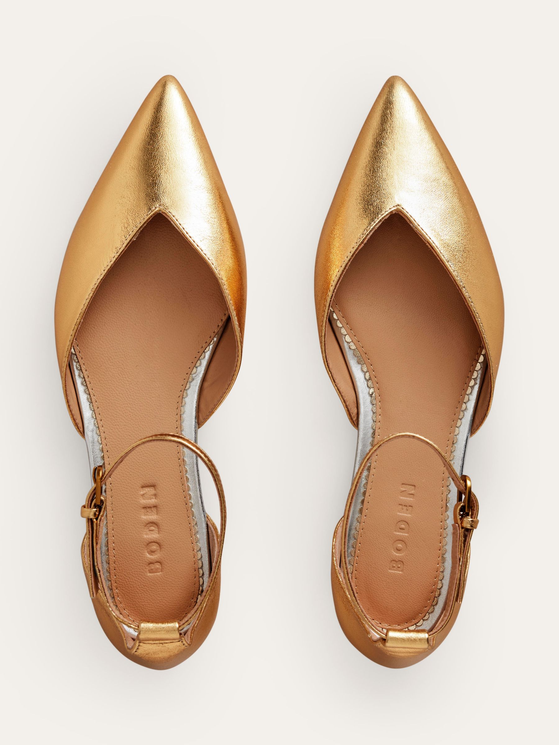 Boden Metallic Leather Ankle Strap Pointed Flats, Gold, 4