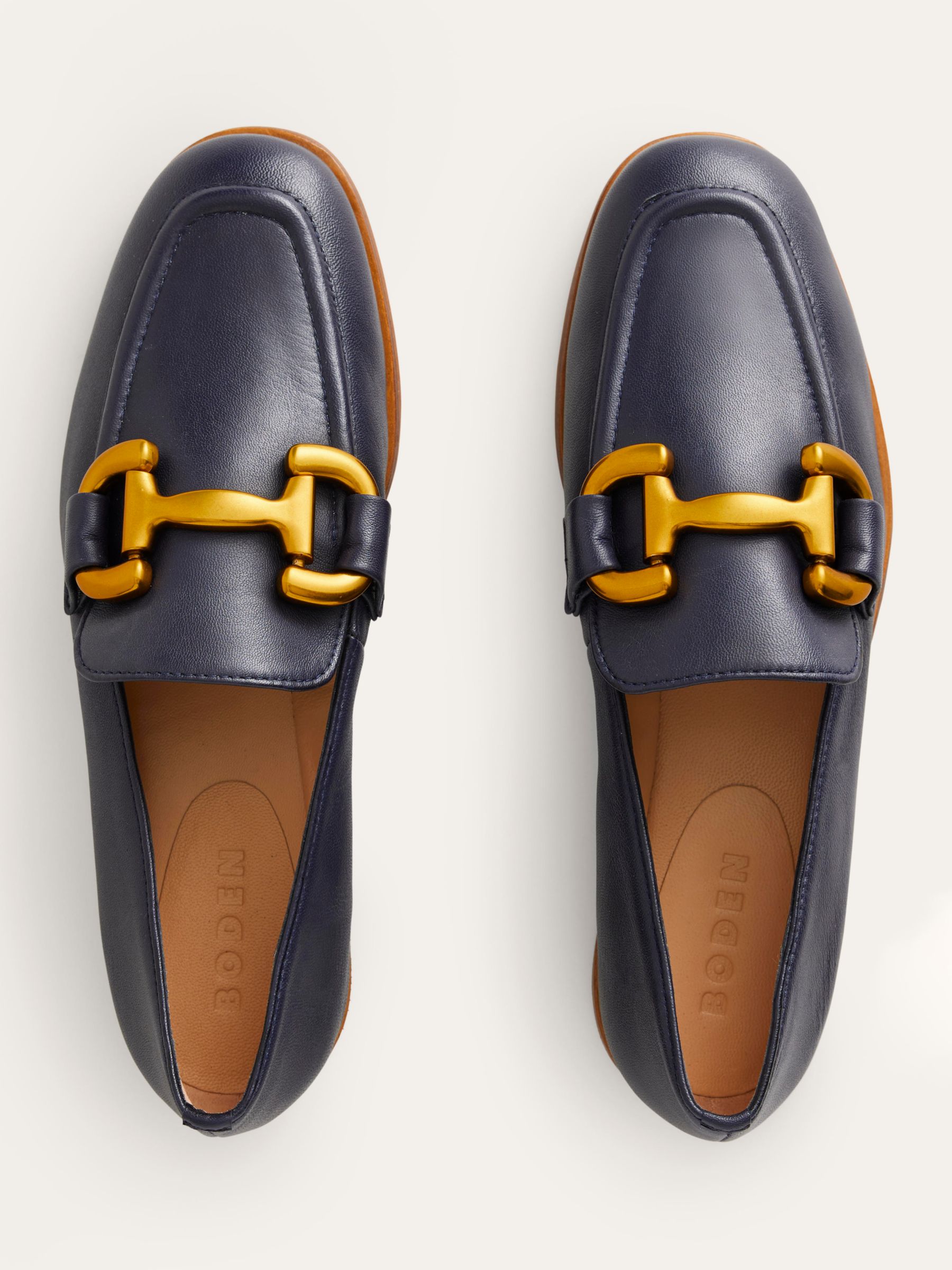 Boden Iris Leather Snaffle Trim Loafers, Navy at John Lewis & Partners