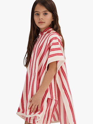 Reiss Kids' Ray Stripe Towelling Texture Hooded Poncho, Red/White