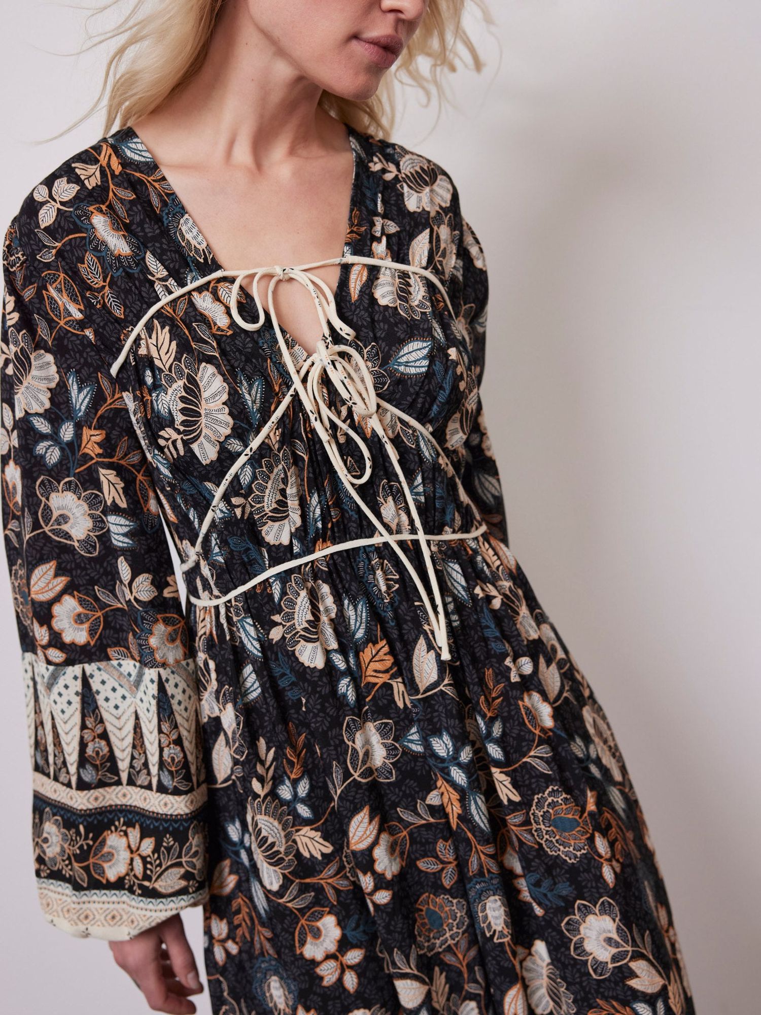 Buy Mint Velvet Floral Print Tiered Midi Dress, Black/Multi Online at johnlewis.com