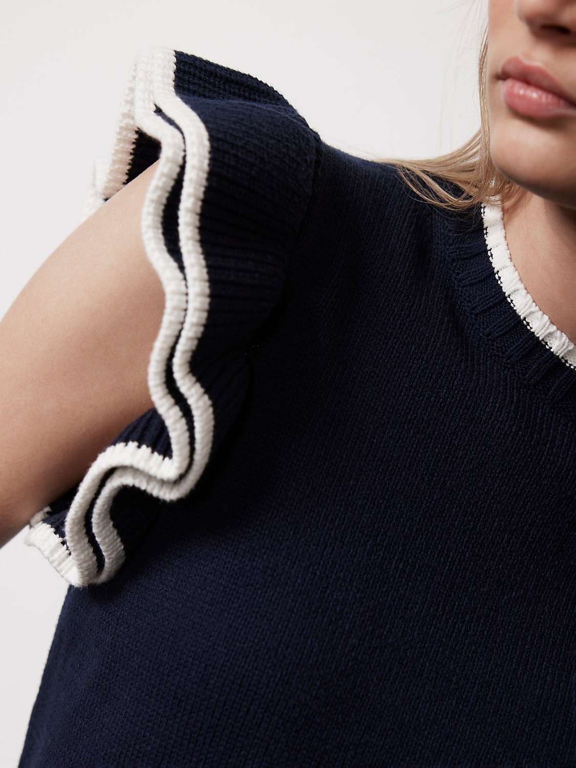 Buy Mint Velvet Frill Sleeve Knitted Top, Navy/White Online at johnlewis.com