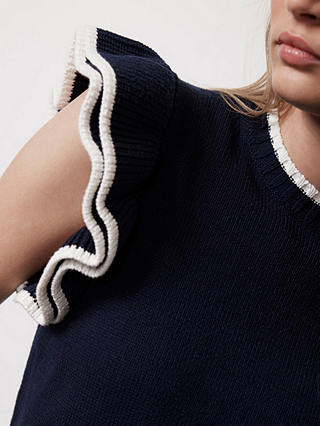 Mint Velvet Frill Sleeve Knitted Top, Navy/White