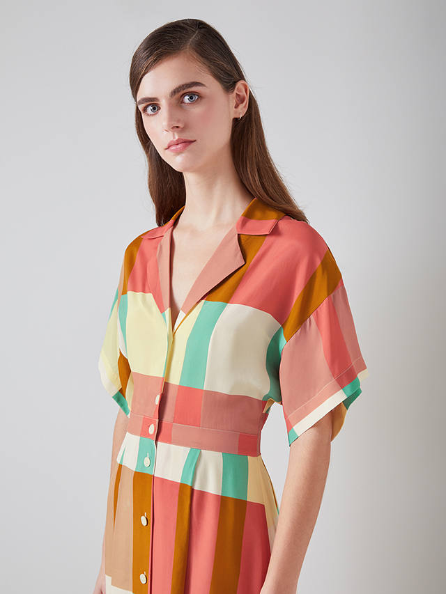 L.K.Bennett Izzy Silk Blend Oversize Check Midi Shirt Dress, Multi