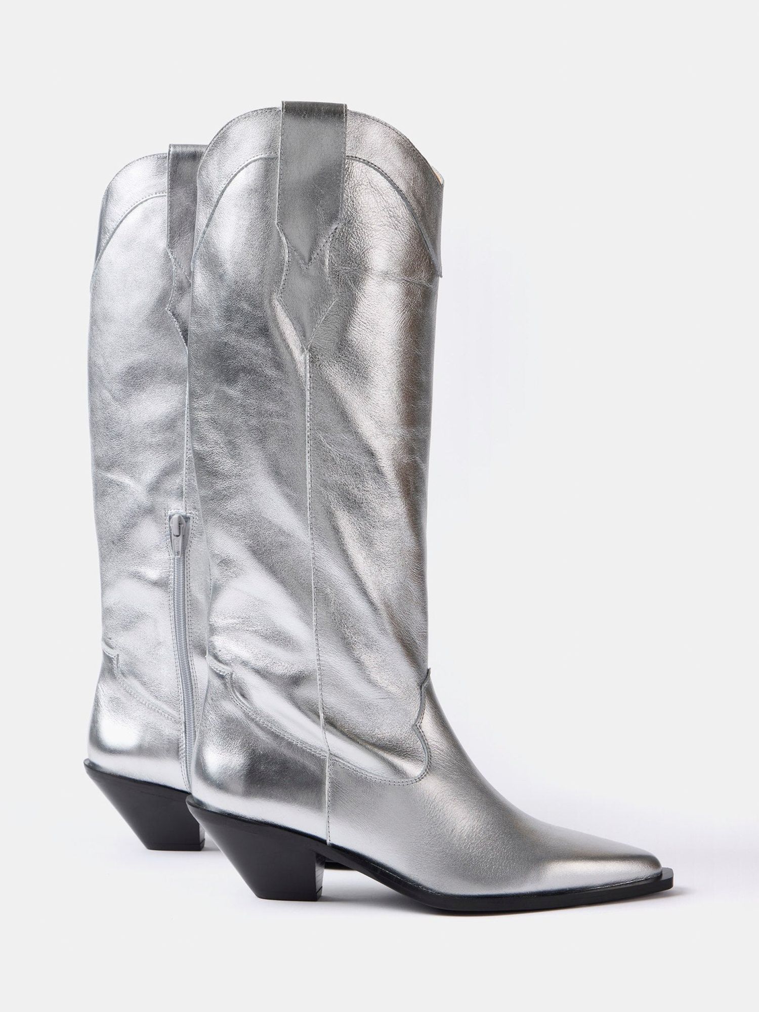 Mint Velvet Metallic Leather Cowboy Knee Boots, Silver, 7