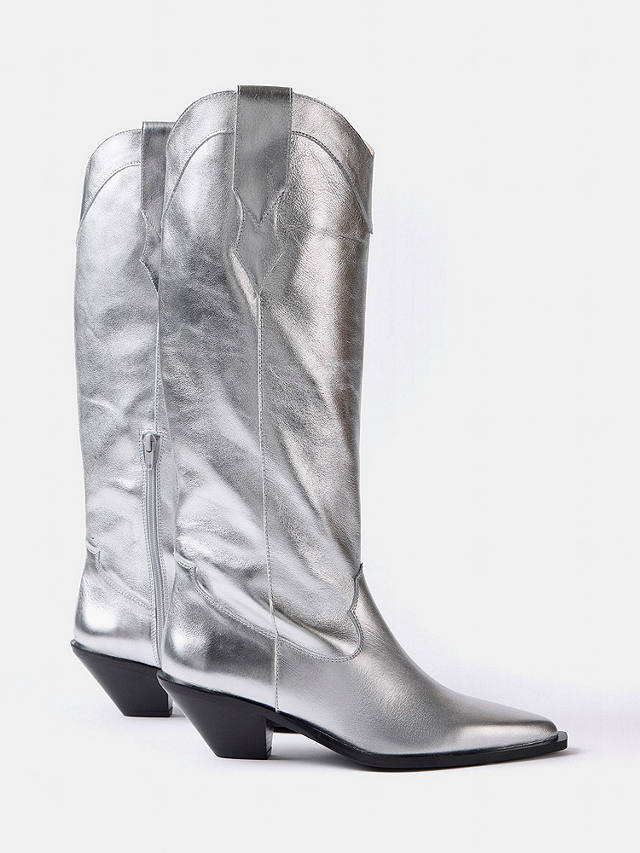 Mint Velvet Metallic Leather Cowboy Knee Boots, Silver