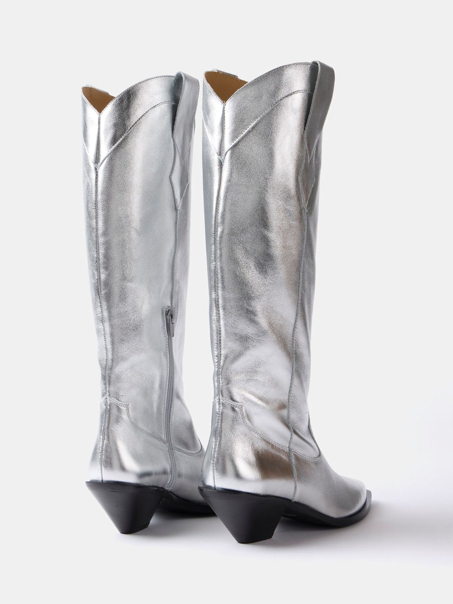 Mint Velvet Metallic Leather Cowboy Knee Boots, Silver, 7