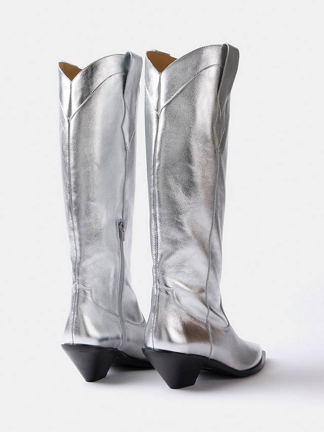 Mint Velvet Metallic Leather Cowboy Knee Boots, Silver