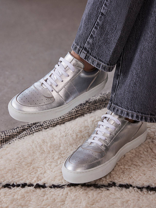 Mint Velvet Leather Lace-Up Trainers, Silver