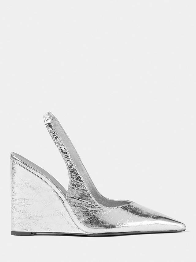 Mint Velvet Metallic Leather Pointed Toe Wedge Slingback Shoes, Silver