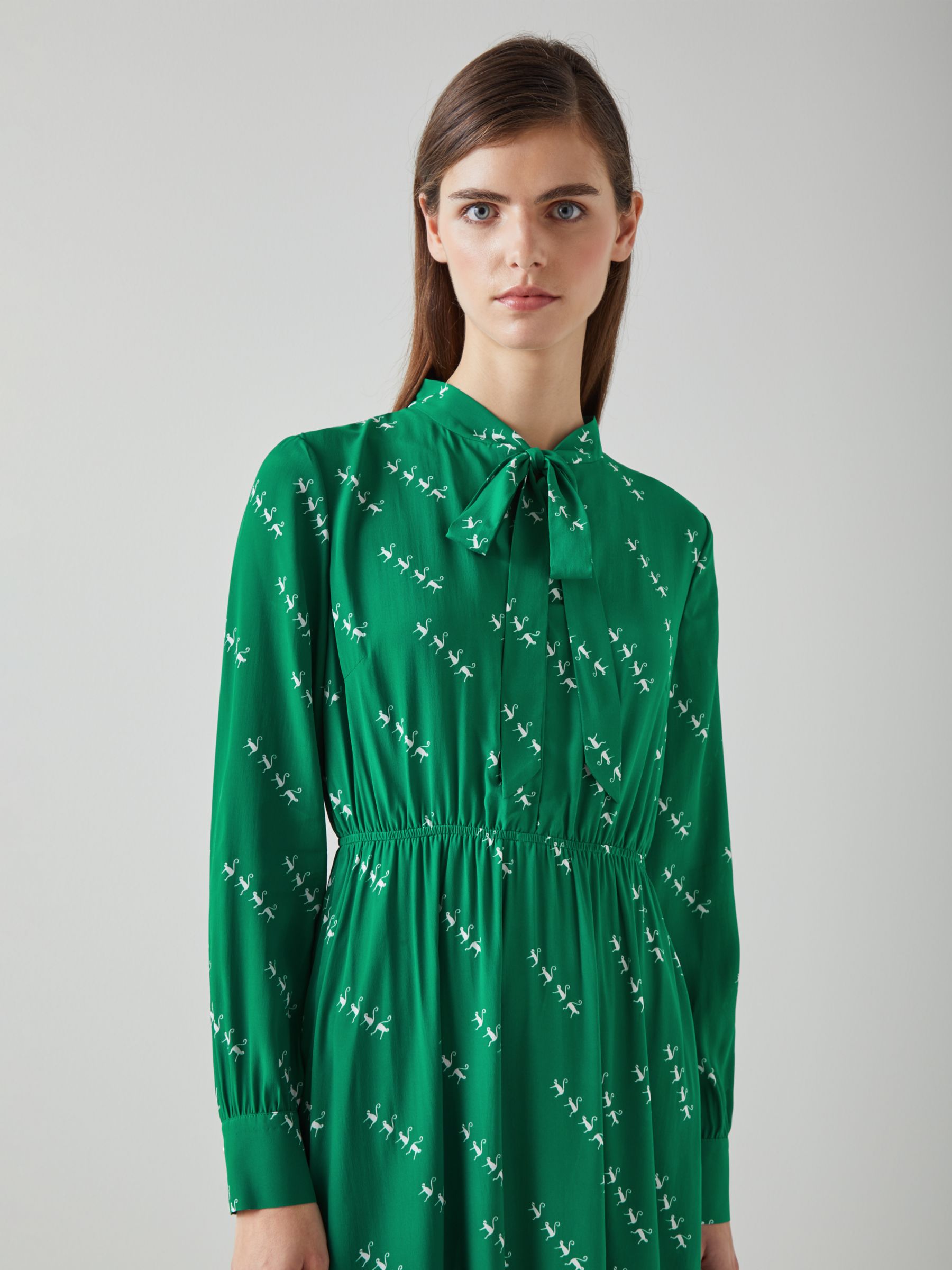 L.K.Bennett Bridget Monkey Print Silk Blend Midi Dress, Green/Cream, 6