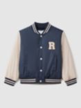 Reiss Kids' Arkan Colour Block Varsity Bomber Jacket, Airforce Blue/Stone