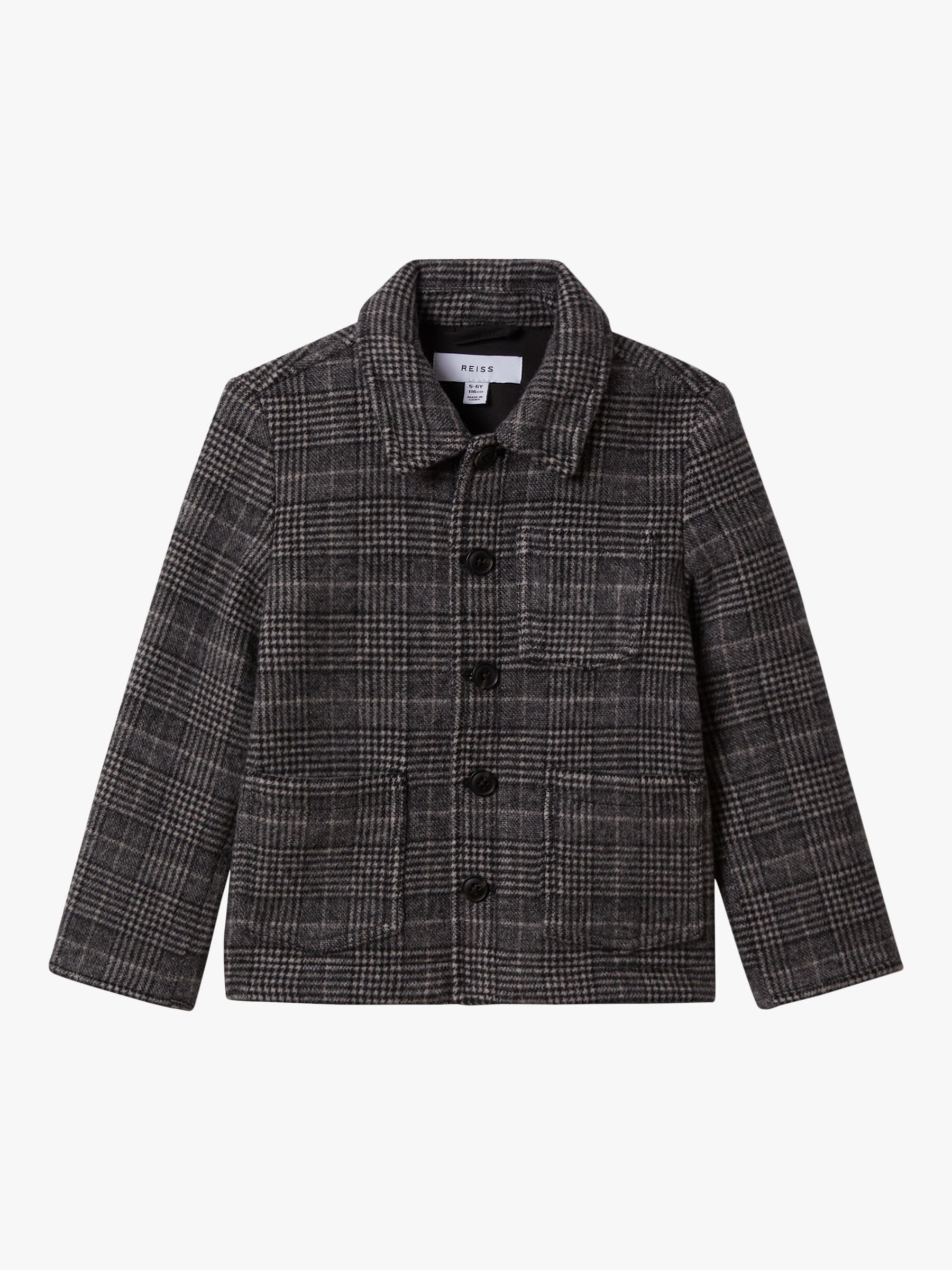 Reiss Kids' Covert Check Button Through Overshirt, Charcoal, 8-9 years