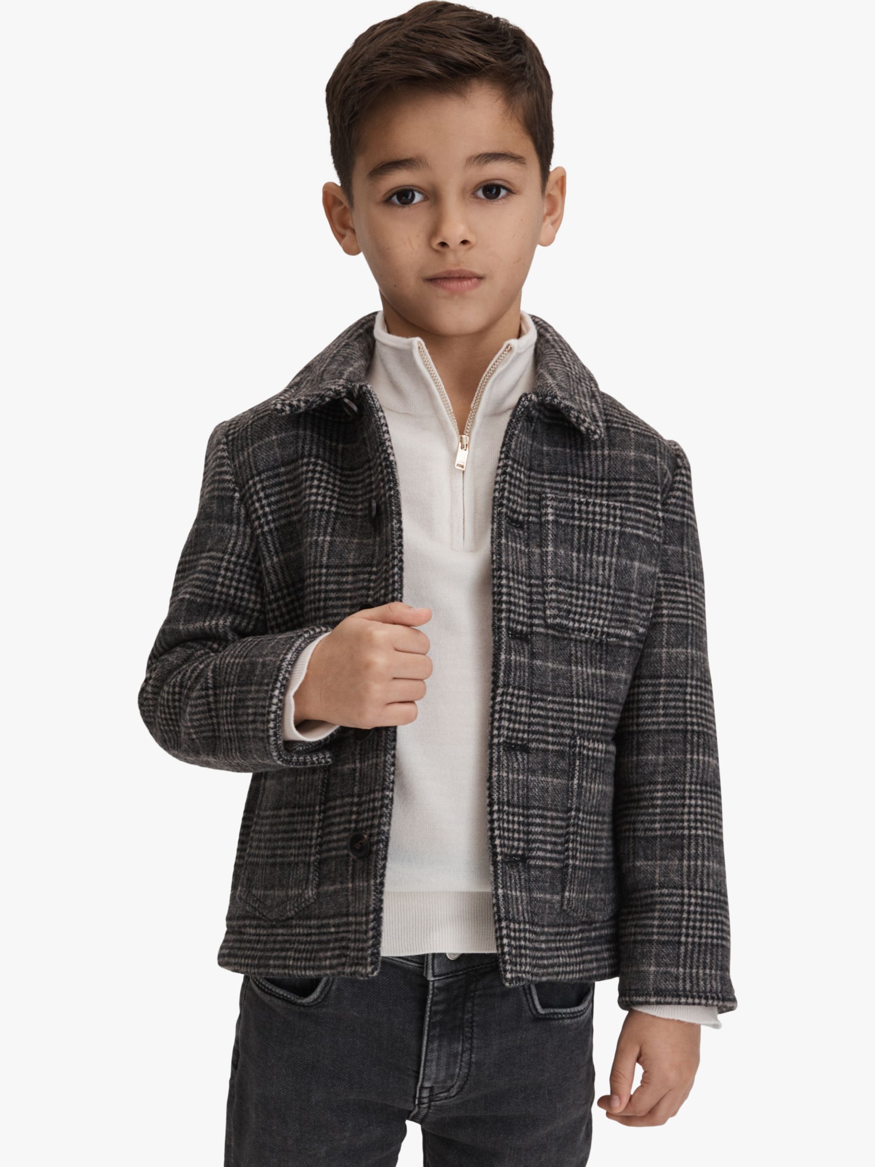 Buy Reiss Kids' Covert Check Button Through Overshirt, Charcoal Online at johnlewis.com
