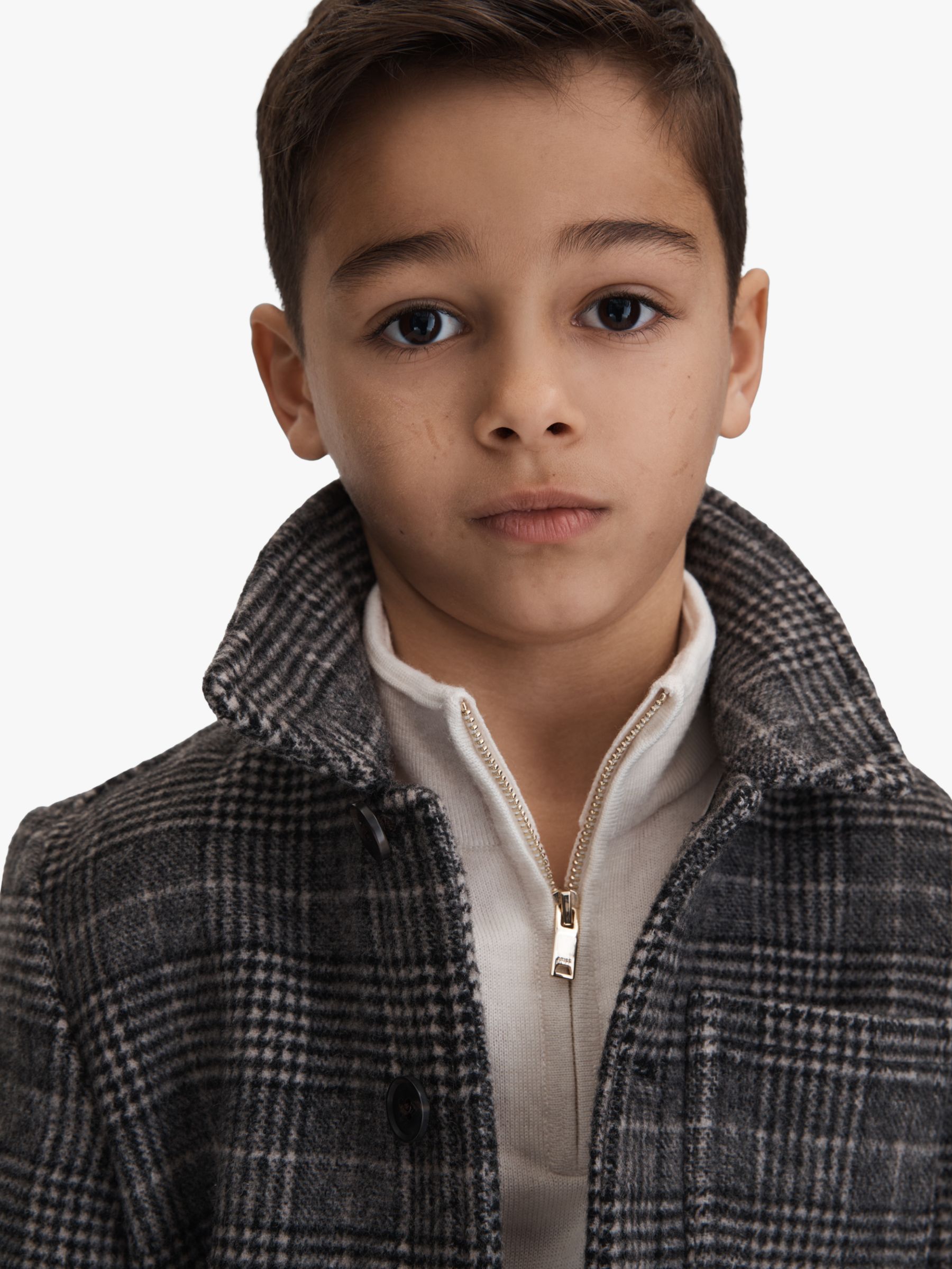 Reiss Kids' Covert Check Button Through Overshirt, Charcoal, 8-9 years