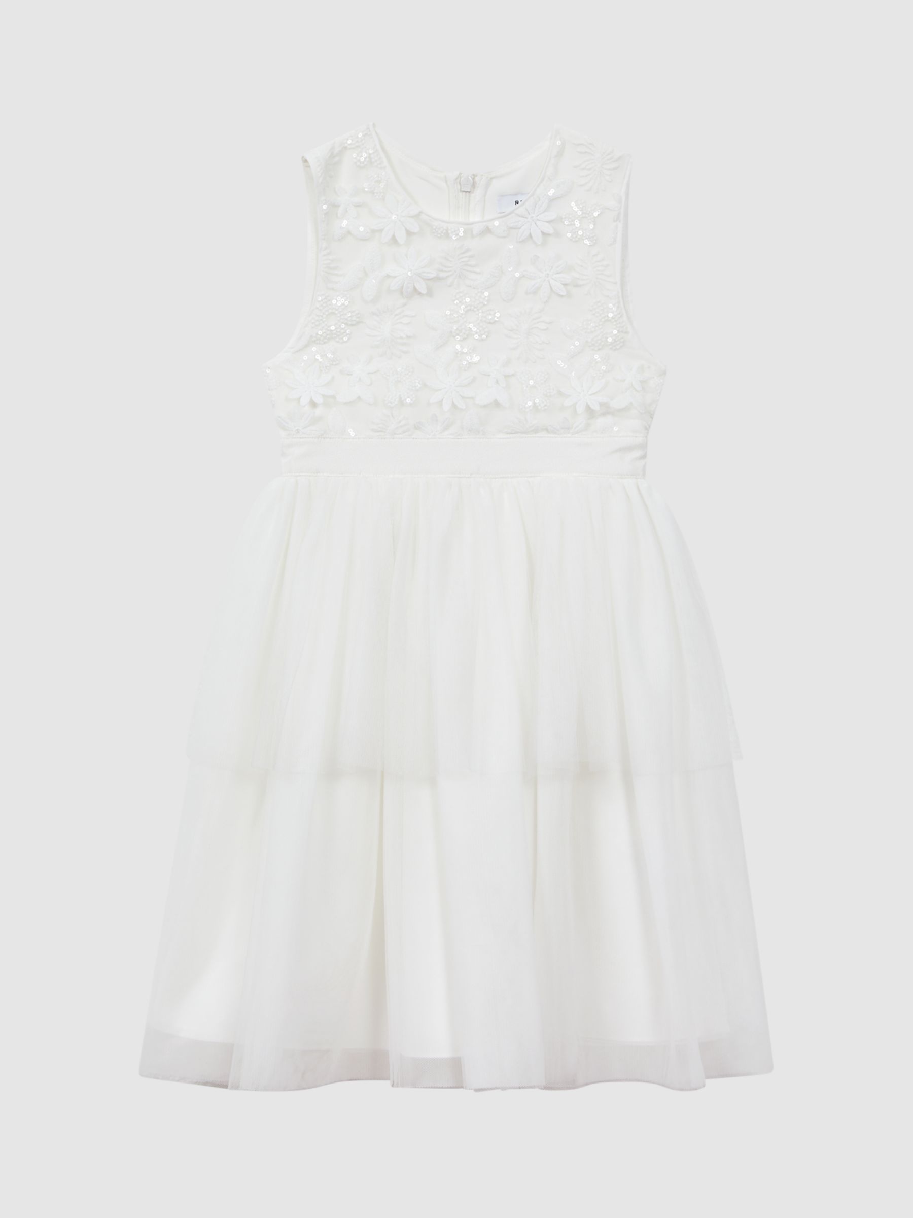 Reiss Kids' Rocha Floral Embellished Tulle Occasion Dress, Ivory at ...