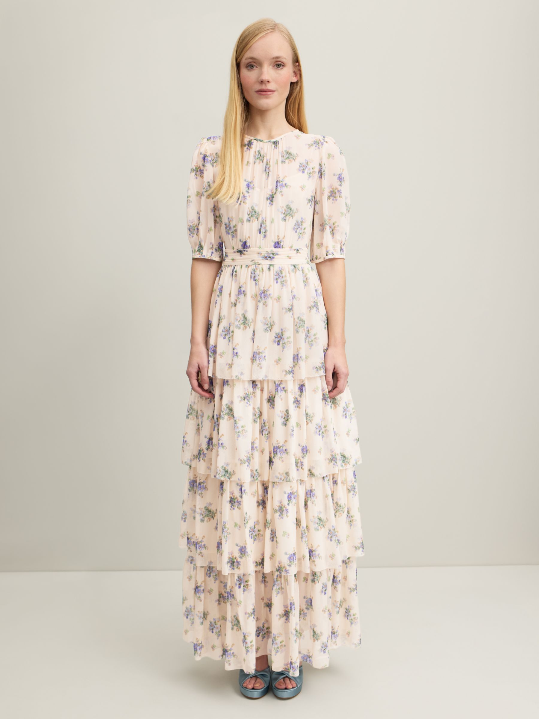 L.K.Bennett Royal Ascot Bouvier Tiered Silk Maxi Dress, Cream/Multi, 14